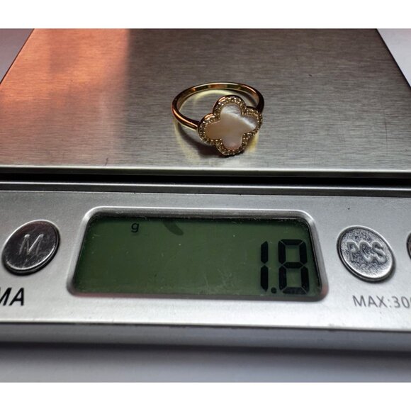 Estate AV 925 Gold Vermeil Clover Ring w/ Mother of Pearl & CZ – Size 6.75 - Picture 8 of 10